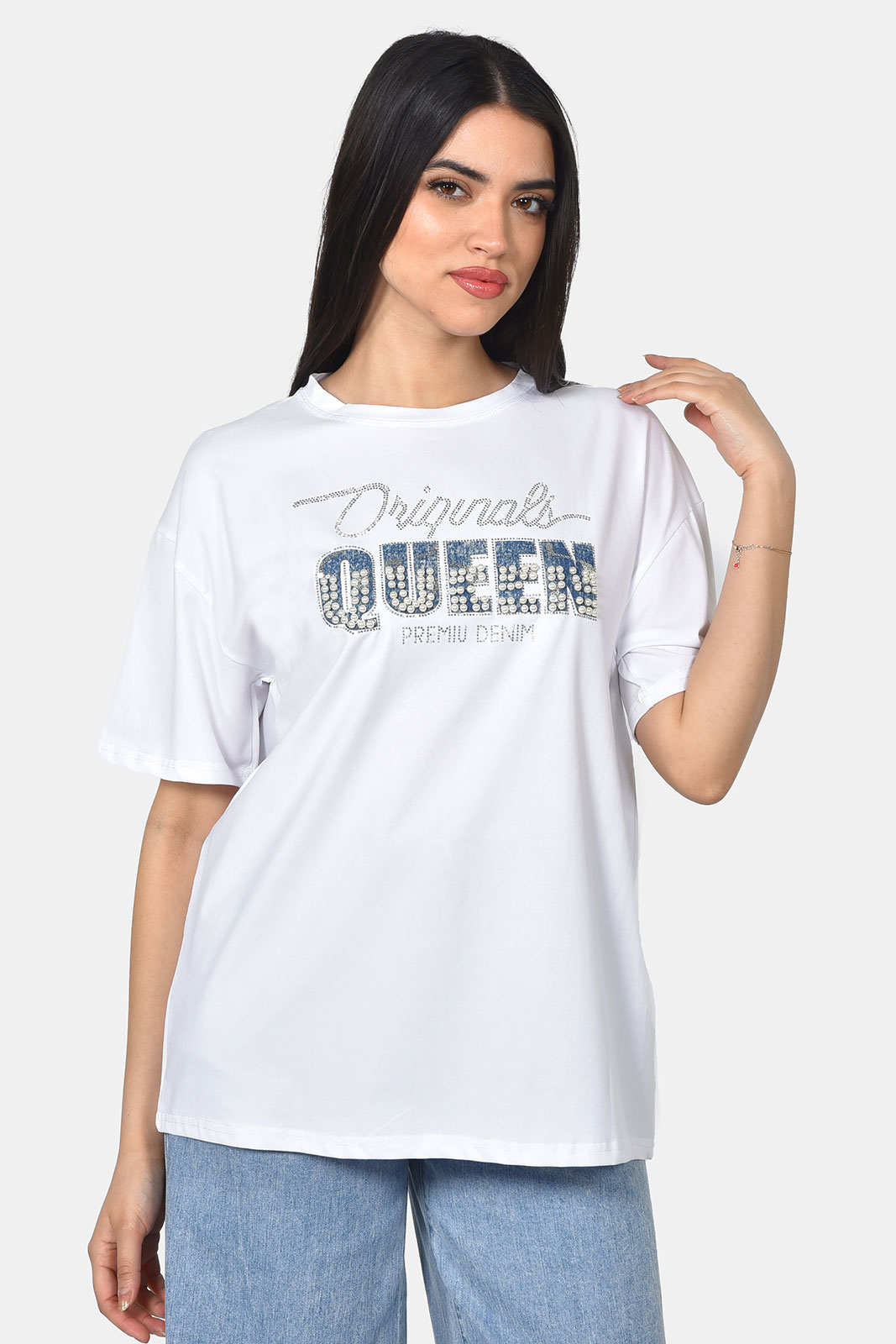 T-SHIRT ΜΕ ΑΠΛΙΚΕ ΚΑΙ ΣΤΡΑΣ QUEEN