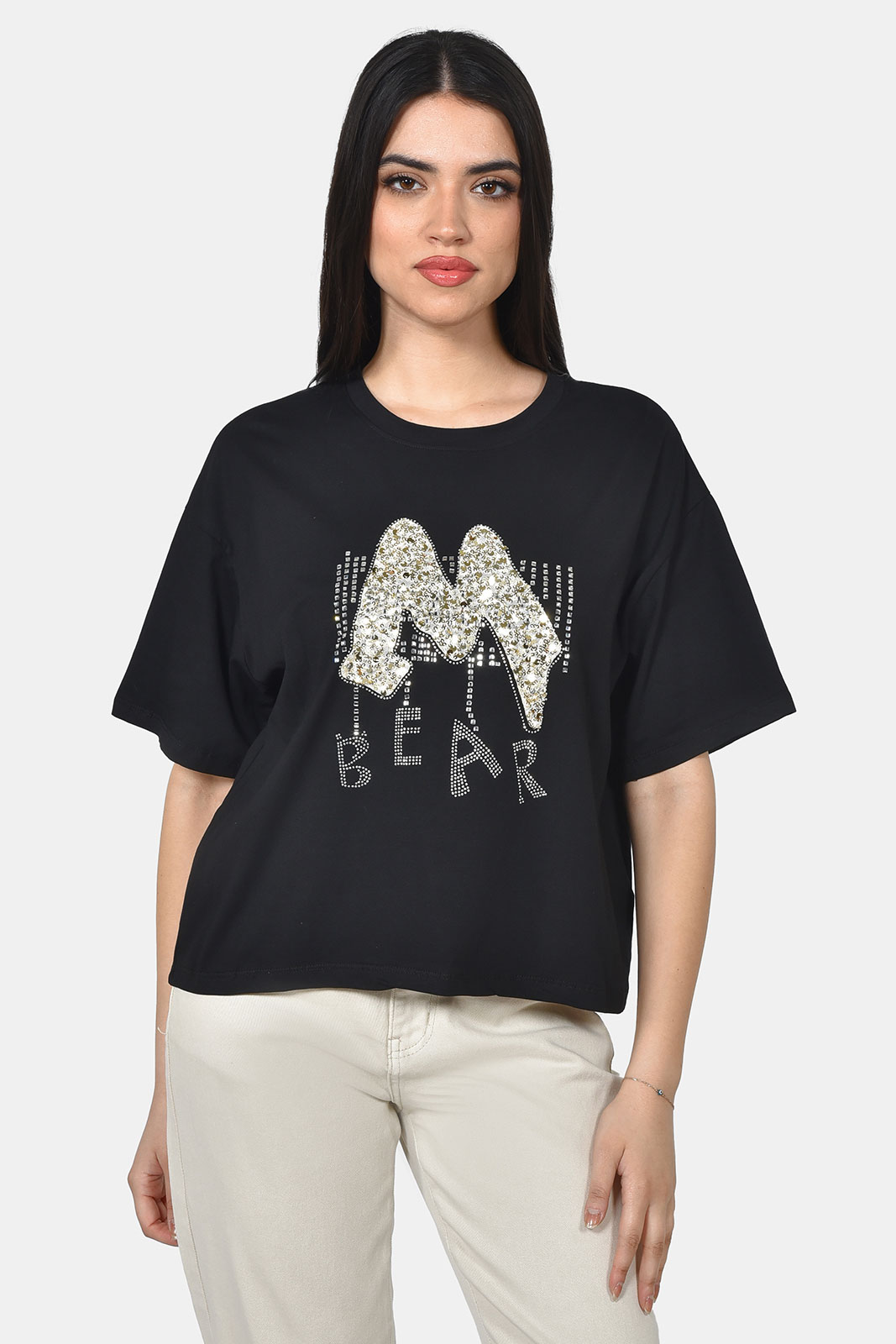 T-SHIRT CROP ΜΕ ΠΑΓΙΕΤΕΣ ΚΑΙ ΣΤΡΑΣ