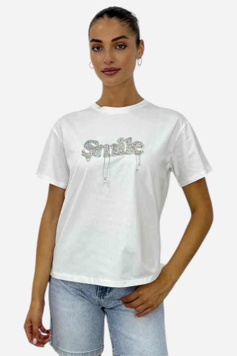 T-SHIRT ΜΕ ΣΤΡΑΣ ΜΟΤΙΦ SMILE