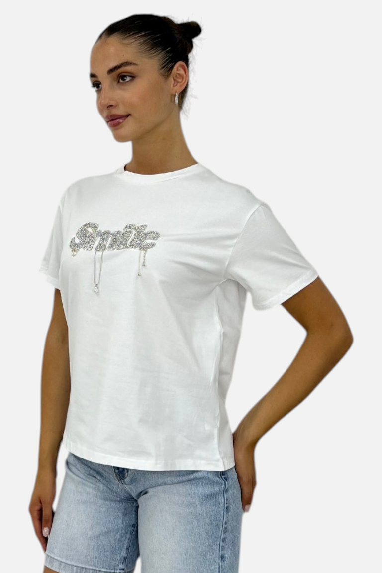 T-SHIRT ΜΕ ΣΤΡΑΣ ΜΟΤΙΦ SMILE - Image 2