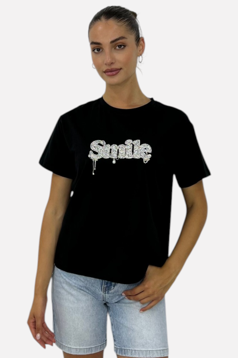 T-SHIRT ΜΕ ΣΤΡΑΣ ΜΟΤΙΦ SMILE - Image 4
