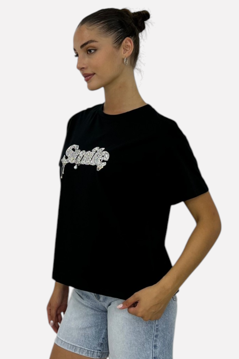 T-SHIRT ΜΕ ΣΤΡΑΣ ΜΟΤΙΦ SMILE - Image 5