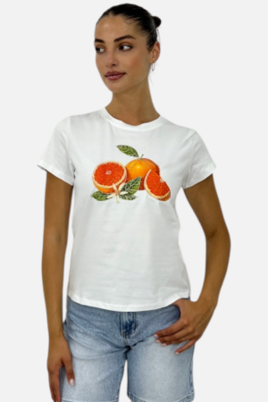 T-SHIRT ΜΕ ΤΥΠΩΜΑ ΠΟΡΤΟΚΑΛΙ ΜΕ ΣΤΡΑΣ